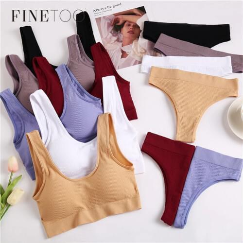 FINETOO Women Bra Panties Set Push Up Bras Sexy G-String Thong Female Crop Tops Fitness Lingerie Seamless Underwear 2pcs Set