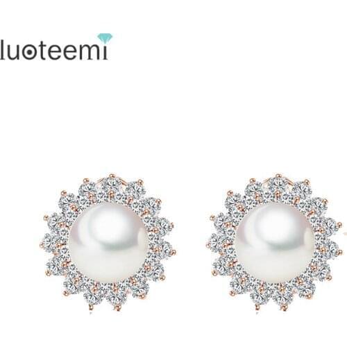 LUOTEEMI Deluxe Fashion Premium Rose Gold-Color Flower Shape Synthetic Pearl French Clip Stud Earring For Women Jewelry Wedding
