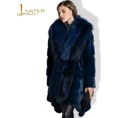 LVCHI Womens winter tunic coat with big fur collar fur coats mink for beautiful women real mink fur 2019 with belt new desgin