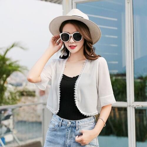 Fashion Chiffon Kimono Cardigan Casual 3/4 Sleeve Loose Black White Women Blouses Shirts Plus Size Summer Sunscreen Top