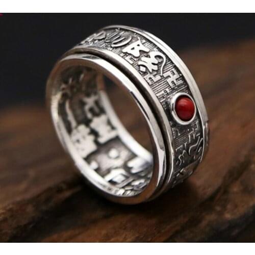 Red Gem Buddhist Heart Sutra Ring 925 sterling silver Jewelry men women Rotatable wedding Ring Gift