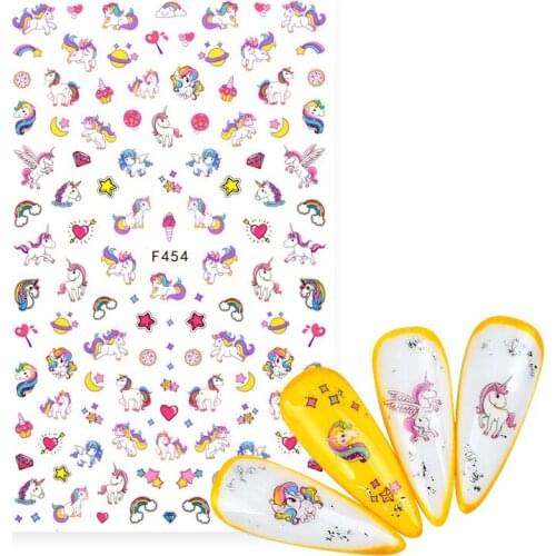 Nail Art Stickers Cartoon Unicorn Series Design Adhesive Nail Art Decorations Rabbit Dolphin Rainbow Flowers Heart Nail Decals