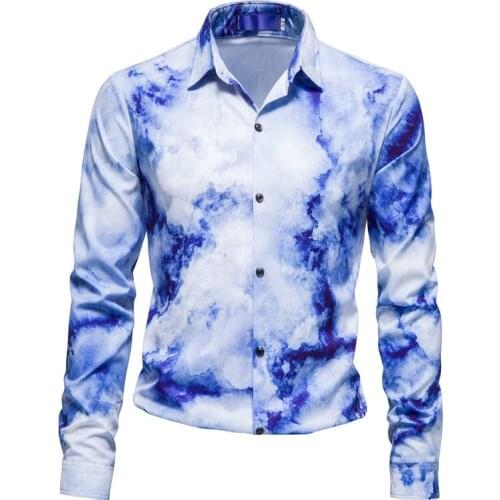 New Personality Fashion Mens Printed Long Sleeve Shirt Casual Nightclub Party Shirt