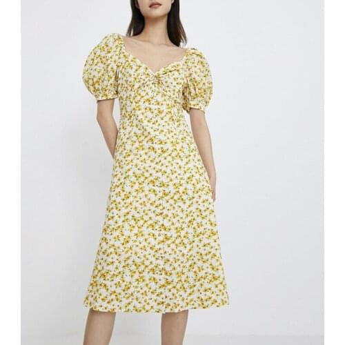 New Summer Ladies Floral Print Dress Lantern Sleeve Slim Girl Dress Sweet Holiday Dress