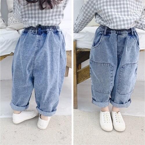 Spring New Childrens Jeans 2021 Kids Casual Loose Solid Denim Pants Korean Big Pocket Harem Pants for Boys Girls Baby Trouses