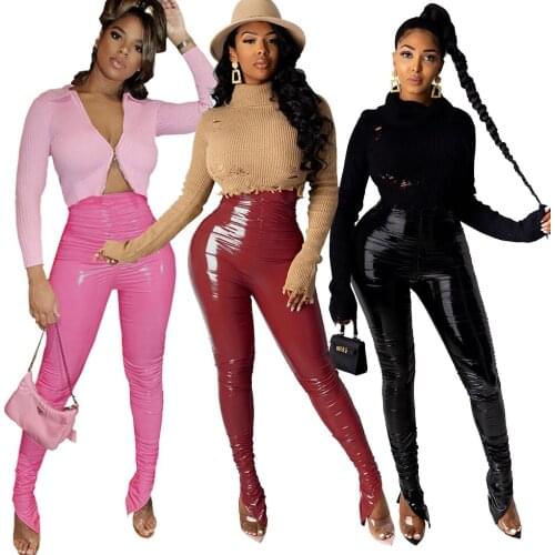 Wholesale Colorful Casual PU Pants Womens Winter Shiny Pants Only