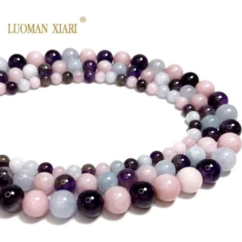 Wholesale Natural Rose Quartzs Amethysts Aquamarines Round Natural Stone Beads For jewelry Making DIY Bracelet Necklace 6/8/10MM