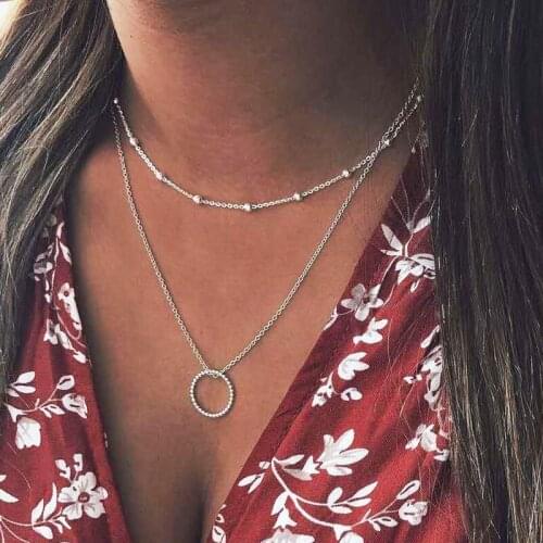 Vintage Double Layer Round Circle Pendant Necklace for Women Beads Chain Geometric Clavicle Necklace Jewelry Kolye YN1553