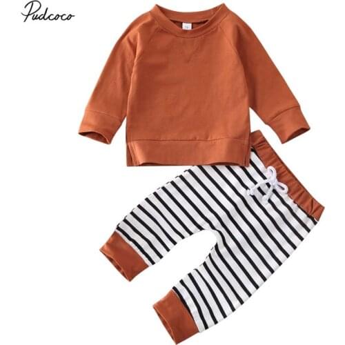 2020 Casual 2Pcs For Boys Toddler Kids Baby Boy Girl Outfit Clothes Solid T-shirt Tops+Striped Long Pants Spring Cotton Set