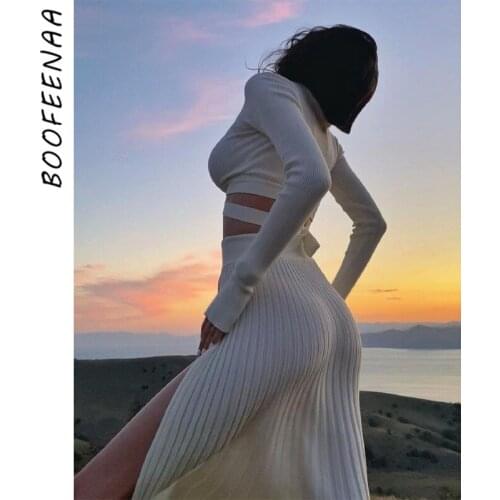 BOOFEENAA Sexy Two Piece Set Long Sleeve Crop Top Split Pleated Long Skirt Womens Outfits Winter Knit Sweater Dress Sets C88GG60