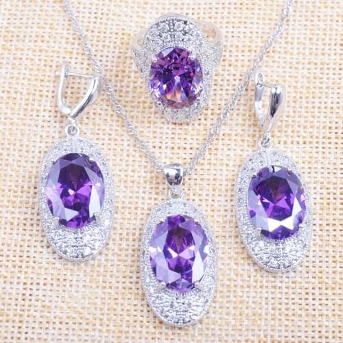 Wedding Jewelry Sets Russian Style For Women Silver Color Zircon Purple Natural Crystal Earrings Ring Necklace Pendant TZ0299