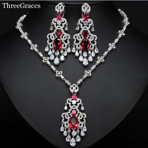 ThreeGraces African Women Luxury Cubic Zirconia Stone Super Long Earrings Necklace Statement Jewelry Sets For Wedding JS175