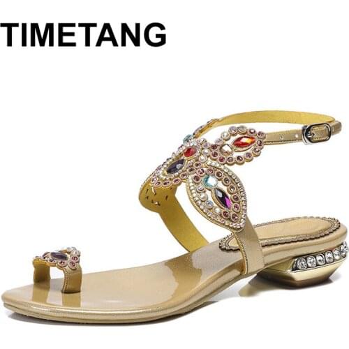 TIMETANG 2021Summer Lady Flat Heel Rhinestone Sandals Fashion Back Flat Straps Summer Sandals Dress Shoes Gold Black ColorE1061