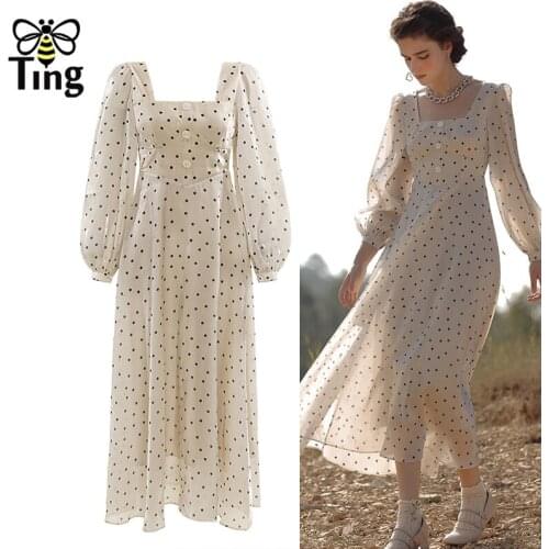 Tingfly Vintage Victorian Stylish Ploka Dot Square Collar Midi Long Party Dinner Dress Summer Elegant Cottagecore Traf Elbise Za