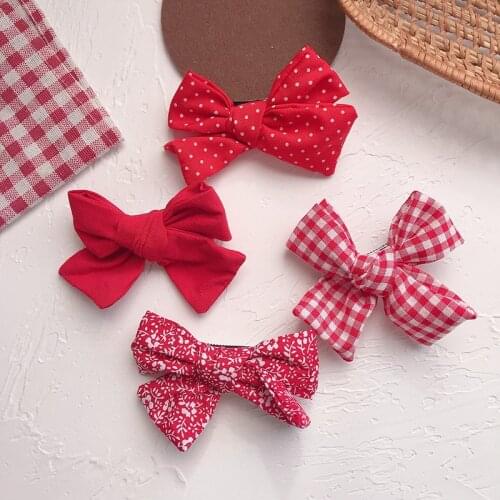Korean Sweet Girl Red Series Double-layer Bow Hairpin Fashion Childrens Plaid Floral Fabric Duckbill Clip Kids Hair Accessories