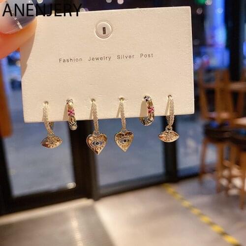 ANENJERY Colorful Zircon Love Heart Eye Pendant Hoop Earrings for Women 6-piece Fashion Retro Jewelry Gifts Wholesale S-E1279