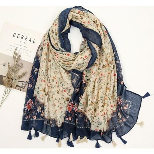 Women Print Scarves With Tassel Autumn Long Cotton Hijabs Scarf Fashion Spring Warm Female Floral Shawl Stoles