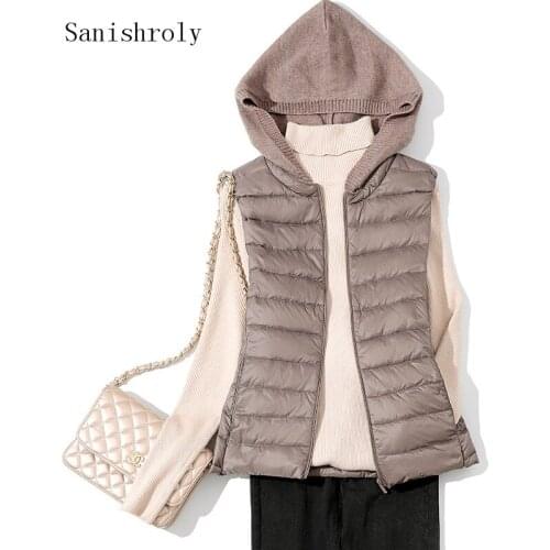 Women Ultra Light White Duck Down Jacket Vest Casual Knitted Patchwork Hooded Waistcoat Parka Lady Short Sleeveless Winter Coat