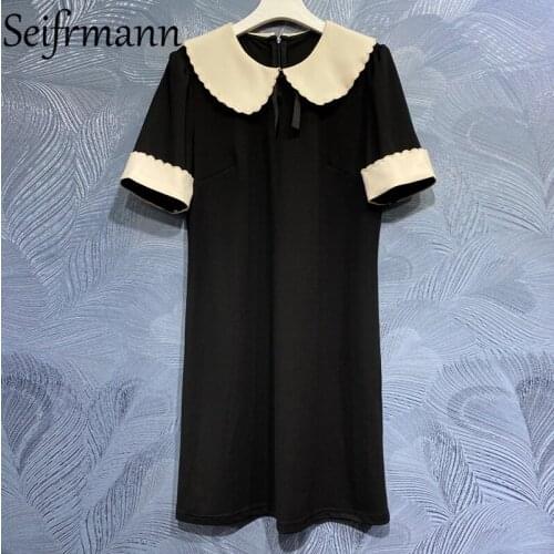 Seifrmann New 2021 Summer Women Fashion Runway Loose Dress Short Sleeve Bow Black Printed Elegant Party Short Dresses Vestidos