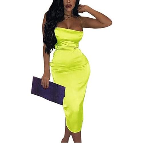 Womens Spaghetti Strap Silky Satin Bodycon Midi Club Dress Backless Lace Up Elegant Party Dress
