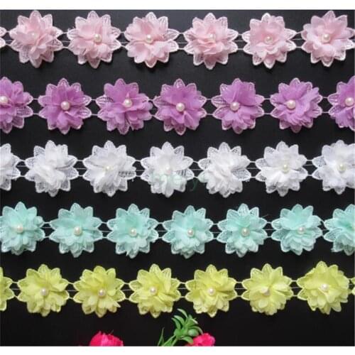 1yard Soluble 50mm Flower Pearl Chiffon Embroidered Lace Trim Ribbon Fabric Handmade DIY Sewing Craft For Costume Hat Decoration