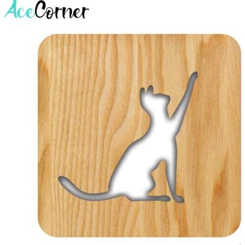 Acecorner Creative 3D Wooden Night Light DIY Cute Cat LED USB Animal Lamp Novelty Kid Bedroom Decor Lampara Table Children Gift