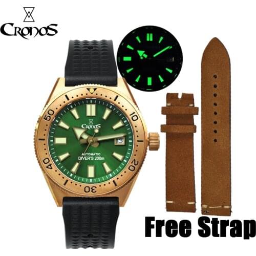 2021 Cronos Skeleton Mens Diving Watch Bronze Automatic Japan NH35 Mechanical Men Watch Calendar Luminous Rubber Sapphire Clock