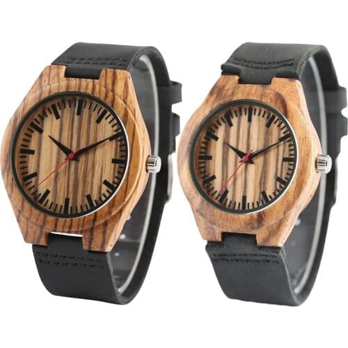 Red Seconds Display Zebrawood Couple Wristwatch Quartz Natural Wood Lover Watches Black Genuine Leather Wristband Timepiece Gift