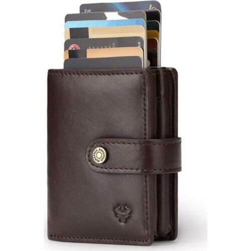 New Genuine Cow Leather 12 Bits Card Case Business Card Holder RFID Blocking Men Aluminium Pop Up Credit Card Bag ID Card Wallet