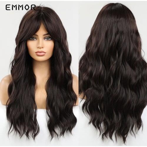 Emmor Dark Brown Wave Hair Wig Natural Synthetic Black Brown Water Wavy Wigs with Bangs for Women Heat Resistant Fiber Hair Wig