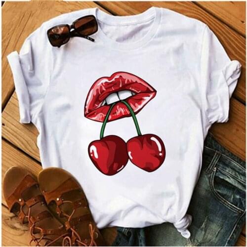 FIXSYS Sexy Red Lips Cherry Fruit T-shirt Woman Seductive Lipstick T-shirt Fashion Clothing Harajuku Top Korean Style Tshirts