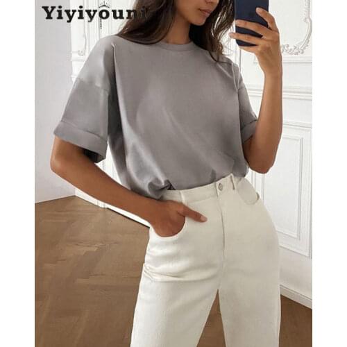 Yiyiyouni Casual Basic Short Sleeve T-Shirt Women Loose O-neck Black White Tee Shirt Women Summer Cotton Harajuku Tops Female