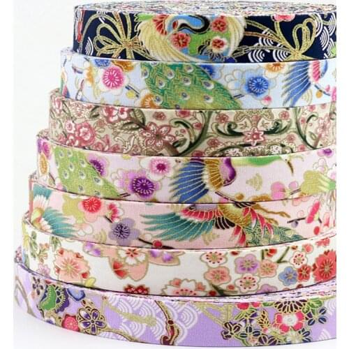Sisi 10 25 50mm Japanese Kimono Style Floral Lavender Ribbon Crane Print Fabric Cotton Bias DIY Hair Bow Collar Handmade Trim