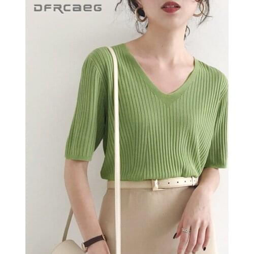 Candy Color Sexy V-Neck Women Knitted Sweaters Shirt Clothing 2021 Summer Casual Loose Pullover Top Clothing