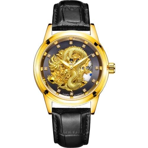 LANGLEY New Modern Dragon Watches Men Automatic Mechanical Watch Male Skeleton Golden Wristwatch Luxury Brand Stainless Steel