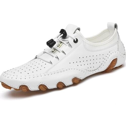 High Quality Mens Leather Casual Shoes Summer Hollow Out Breathable Fashion Octopus Shoes White Flat Loafers Driving Footwear