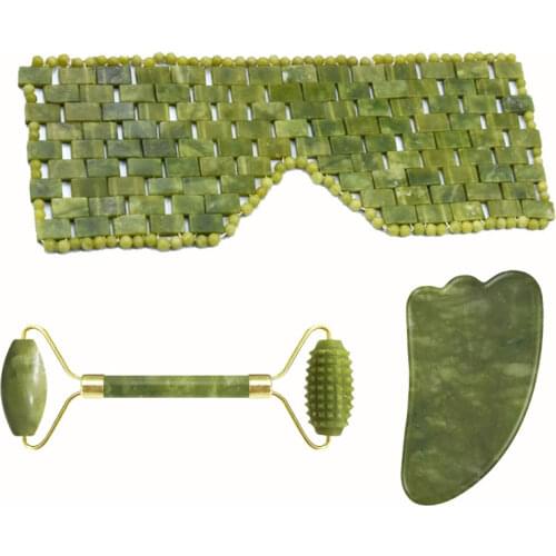 Natural Jade Stone Eye Mask Set Facial Massager Jade Roller and Guasha Set Eye Massager Therapy Jade Massager Gouache Scraper