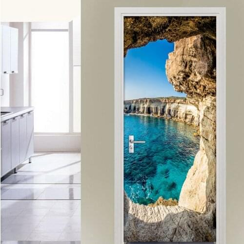 Cave Seascape 3D Photo Wallpaper Murals PVC Waterproof Self-adhesive Door Sticker Creative DIY Door Poster Wall Mural Stickers