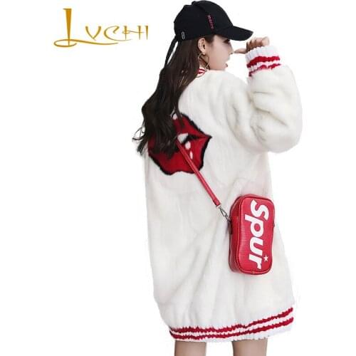 LVCHI Winter 2019 Natural Real Mink Fur Coat Womens Long Sleeve O-Neck Mink Coat Mouth Cartoon Pattern Striped Loss Mink Coats