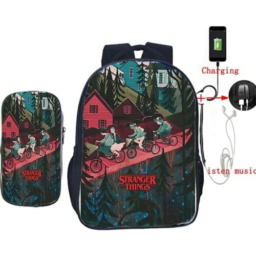 2019 New Stranger Things 3 Children USB Charging School Bags Kids Boys Pen Pencil Case Male Laptop Backpacks Supplies Pen Bags