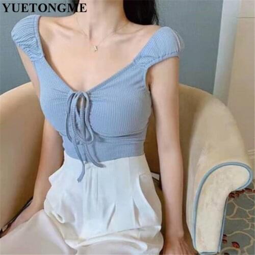 2021 new spring summer womens clothing fashion sexy top one-word neck tie V-neck knitted sling vest T030
