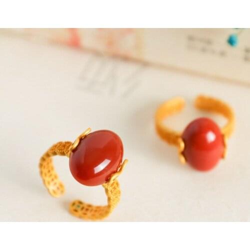 Designer original new classic simple oval egg noodle south carnelian opening adjustable gilt ring exquisite lady silver jewelry