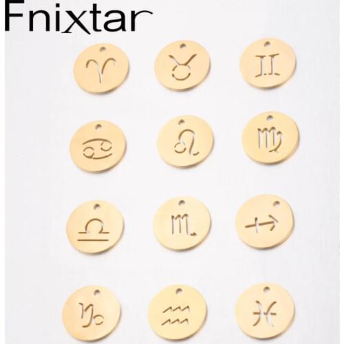 Fnixtar 15mm Zodiac Charms Mirror Polishe Stainless Steel DIY Charms 12 Constellations Pendant Jewelry 12pcs/lot