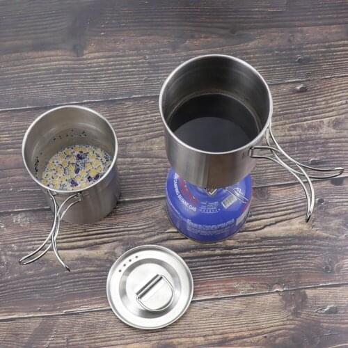 700ml+1000ml Pot Portable Outdoor Camping 304 Stainless Steel Water Mug Cup With Lid&Foldable Handle Single Pot Can Direct Heat