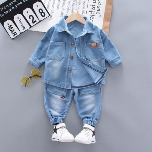 Baby boy clothes spring autumn solid color denim shirt suit boy long-sleeve cotton denim tops pants 2 pieces baby suit for boys