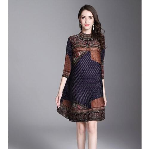 TIANPEI spring summer turtle neck women temperament Miyake pleated print dress A-line plus size african vintage indie clothes