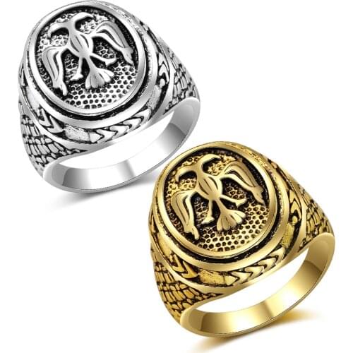 Antique Gold Color Oval Shape Double Headed Eagle Ring Vintage Classic Anniversary Ring Punk Hip Hop Jewelry for Men