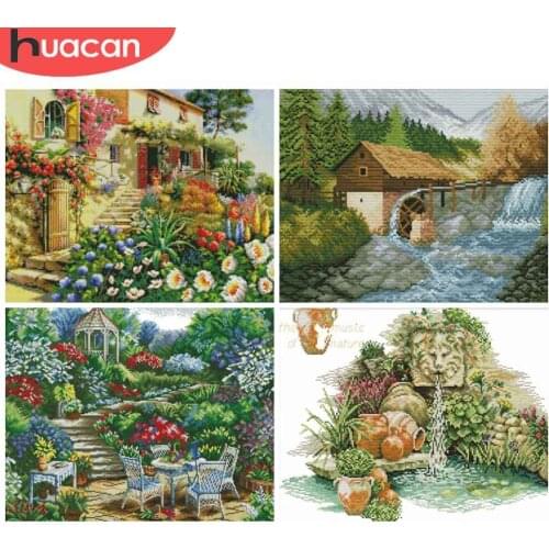 HUACAN Cross Stitch Landscape Kits White Canvas Needlework Embroidery Scenery 11CT 14CT DIY Gift Home Decoration