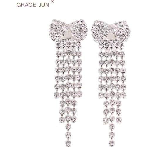 GRACE JUN Top Quality Rhinestone Crystal Clip on Earrings Non Piercing for Women Cute Luxury Ear Clip Best Xmas Gift Wholesale