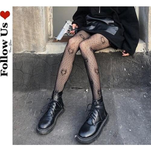 Harajuku Women Black Heart Dot Jacquard Fishnet Pantyhose Gothic Punk Hollow Out Mesh See-Through Tights Stockings Sexy Lingerie